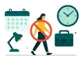 Kobieta w pracy, symbol zakazu, kalendarz, zegar, lampka i teczka. Ile można mieć nn w pracy?