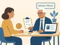 Urząd Pracy. Kobieta pyta, czy zasiłek dla bezrobotnych wlicza się do lat pracy. Mężczyzna stempluje dokument.