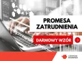 Ręce nad klawiaturą laptopa, nad nimi grafiki z danymi. Na białym tle napis "PROMESA ZATRUDNIENIA" i "DARMOWY WZÓR".