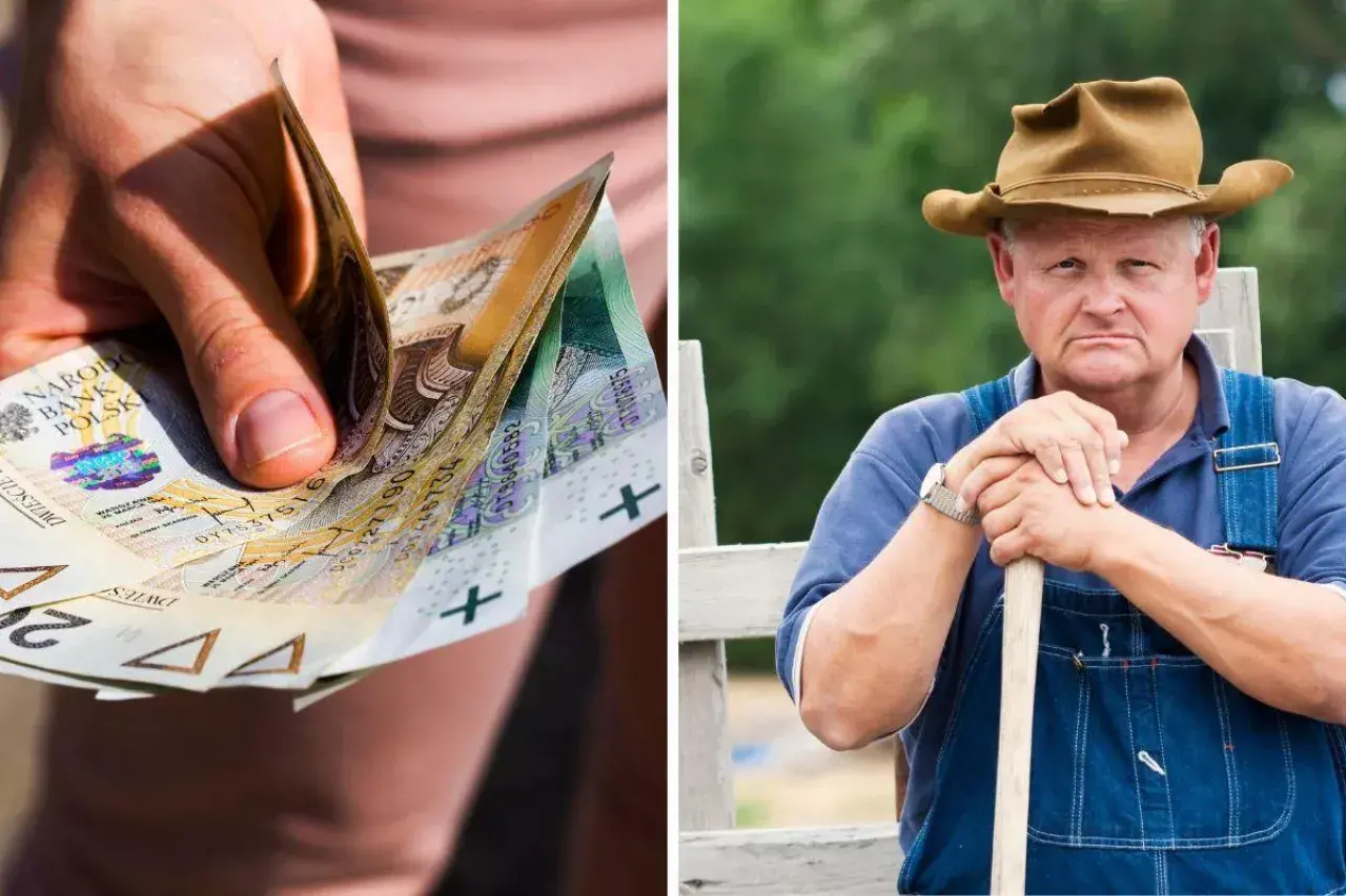 Renta z tytułu choroby zawodowej a emerytura: polskie banknoty w dłoni i zamyślony rolnik w ogrodniczkach.