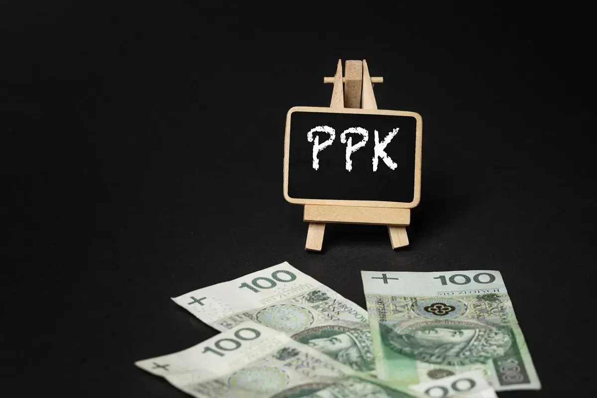 Tabliczka z napisem PPK i polskie stuzłotówki. Zastanawiasz się, ppk co to? To program oszczędzania na przyszłość.