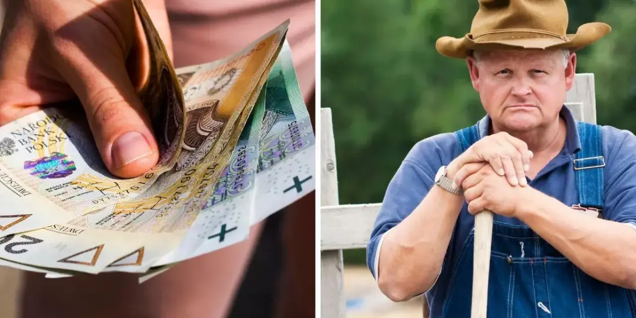 Renta z tytułu choroby zawodowej a emerytura: polskie banknoty w dłoni i zamyślony rolnik w ogrodniczkach.