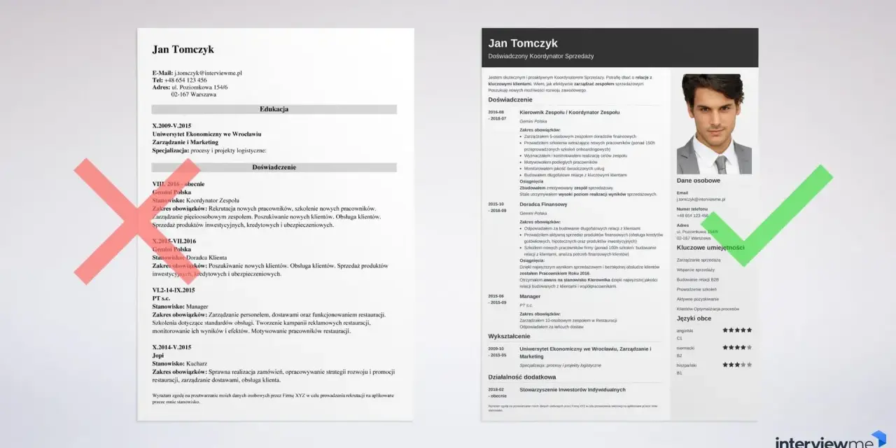 CV Jana Tomczyka z krótkimi okresami pracy, pokazujące jego doświadczenie w sprzedaży i zarządzaniu zespołem.