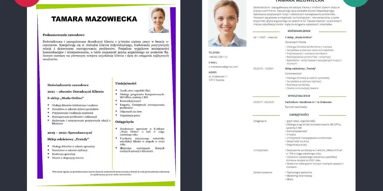 CV Tamary Mazowieckiej, doradczyni klienta z 3-letnim doświadczeniem w e-commerce, podkreślające umiejętności komunikacyjne i znajomość języka angielskiego.