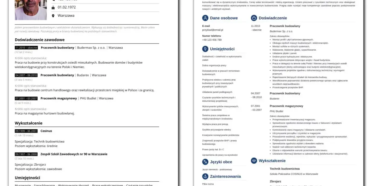 CV Jana Kowalskiego z doświadczeniem w budownictwie, podkreślające jego umiejętności i wykształcenie.