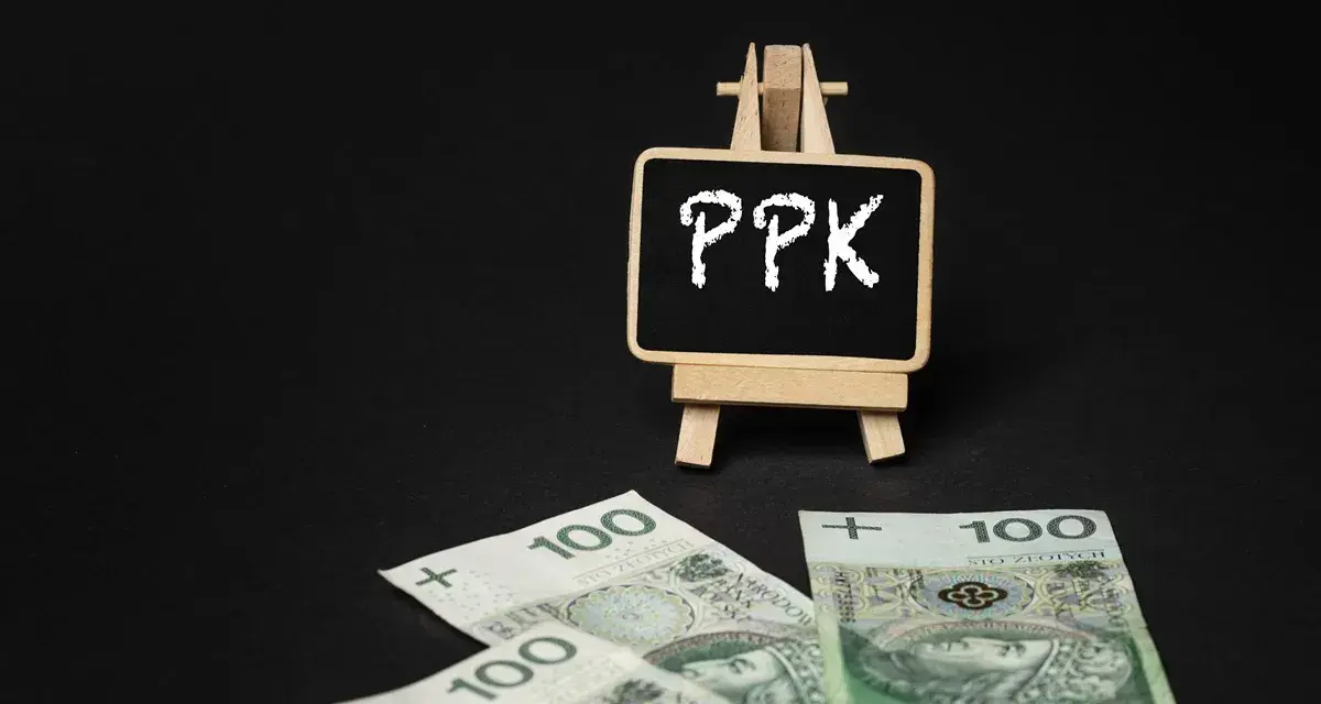 Tabliczka z napisem PPK i polskie stuzłotówki. Zastanawiasz się, ppk co to? To program oszczędzania na przyszłość.