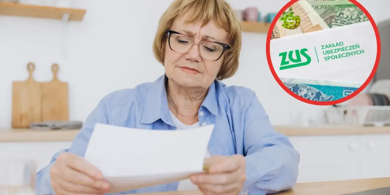 Zmartwiona kobieta analizuje dokumenty dotyczące pracy na pół etatu i emerytury minimalnej. W tle logo ZUS i polskie banknoty.