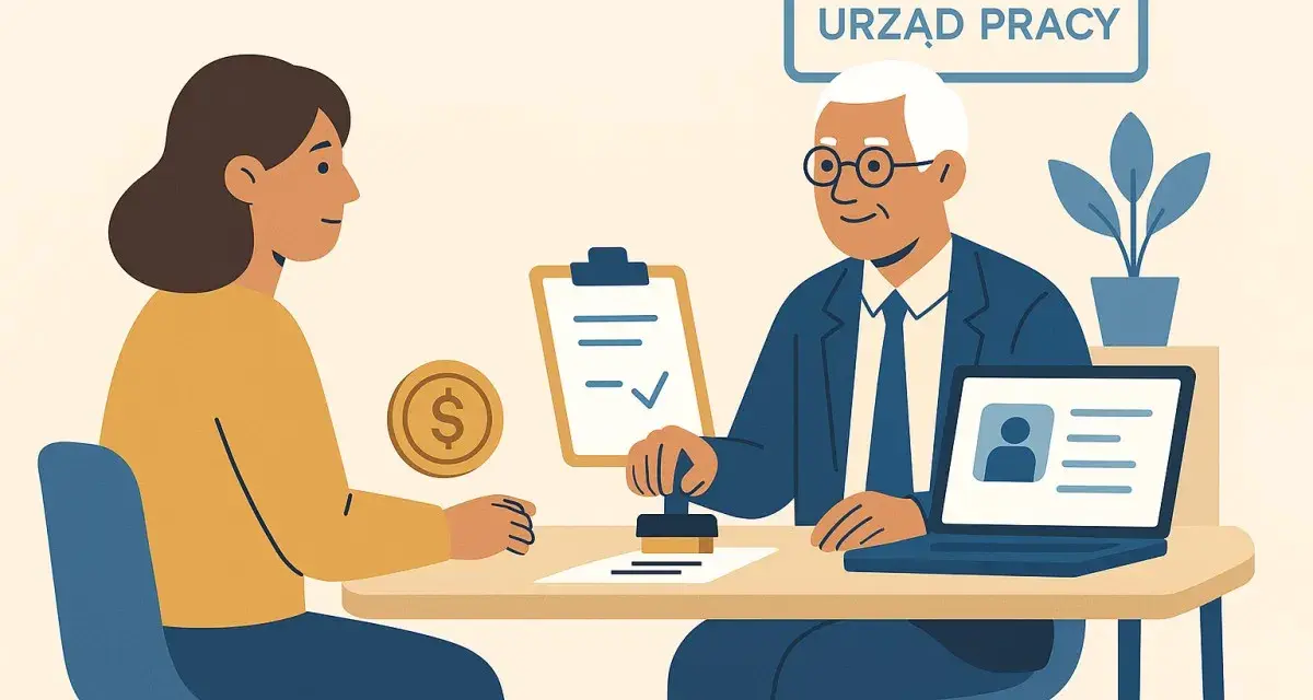 Urząd Pracy. Kobieta pyta, czy zasiłek dla bezrobotnych wlicza się do lat pracy. Mężczyzna stempluje dokument.