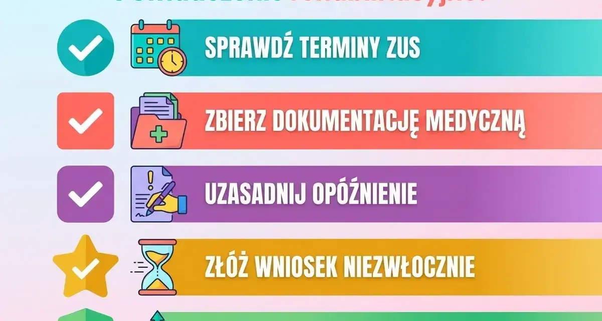 Checklista: Sprawdź terminy ZUS, zbierz dokumentację, uzasadnij opóźnienie, złóż wniosek. Czy świadczenie rehabilitacyjne wlicza się do stażu pracy? Złóż odwołanie w razie odmowy.