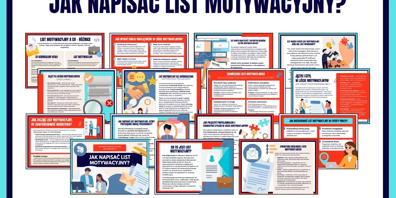 Zbiór 15 kart PDF o pisaniu listu motywacyjnego, idealny dla przyszłego bibliotekarza.