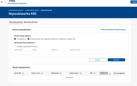 Strona wyszukiwarki KRS. Można tu sprawdzić, krs co to za podmiot, wpisując numer KRS, NIP, REGON lub nazwę firmy.