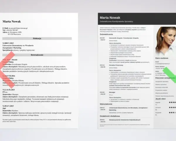 CV Marty Nowak, koordynatorki sprzedaży. Wymienia doświadczenie w Gemini Polska, PT s.c. i Jopi. Posiada wykształcenie ekonomiczne.