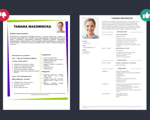 CV Tamary Mazowieckiej, doradczyni klienta z 3-letnim doświadczeniem w e-commerce, podkreślające umiejętności komunikacyjne i znajomość języka angielskiego.