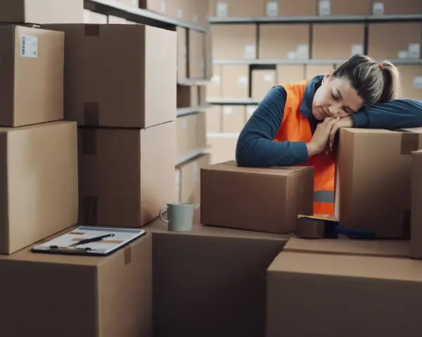 Zmęczona pracownica magazynu śpi na kartonach. Zastanawia się, ile godzin przerwy między zmianami jest jej potrzebne.