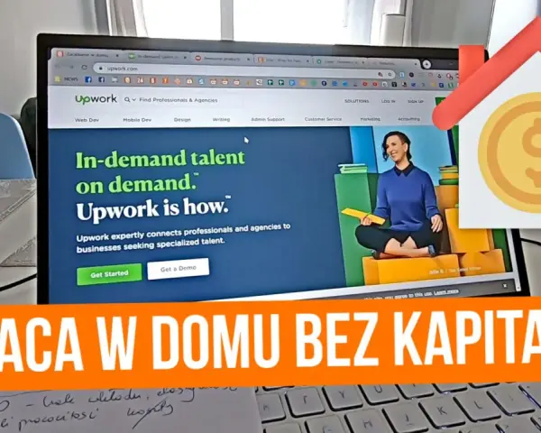 Ekran laptopa z otwartą stroną Upwork, platformą do zarabiania w domu. Ikona domu z monetą symbolizuje pracę zdalną bez kapitału.