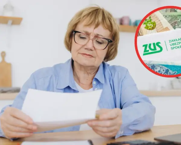Zmartwiona kobieta analizuje dokumenty dotyczące pracy na pół etatu i emerytury minimalnej. W tle logo ZUS i polskie banknoty.