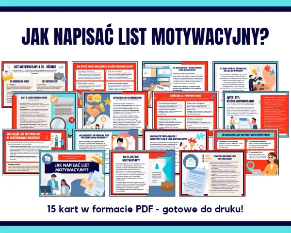 Zbiór 15 kart PDF o pisaniu listu motywacyjnego, idealny dla przyszłego bibliotekarza.