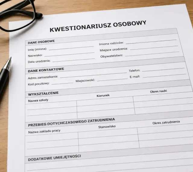 Kwestiionariusz osobowy na biurku, obok eleganckiego długopisu i okularów. Formularz zawiera sekcje: dane osobowe, kontaktowe, wykształcenie, przebieg zatrudnienia i umiejętności.