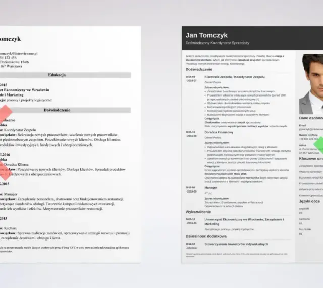 CV Jana Tomczyka z krótkimi okresami pracy, pokazujące jego doświadczenie w sprzedaży i zarządzaniu zespołem.
