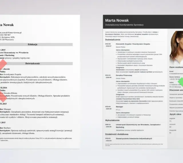 CV Marty Nowak, koordynatorki sprzedaży. Wymienia doświadczenie w Gemini Polska, PT s.c. i Jopi. Posiada wykształcenie ekonomiczne.