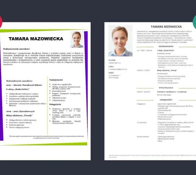 CV Tamary Mazowieckiej, doradczyni klienta z 3-letnim doświadczeniem w e-commerce, podkreślające umiejętności komunikacyjne i znajomość języka angielskiego.