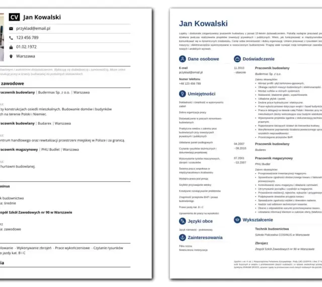 CV Jana Kowalskiego z doświadczeniem w budownictwie, podkreślające jego umiejętności i wykształcenie.