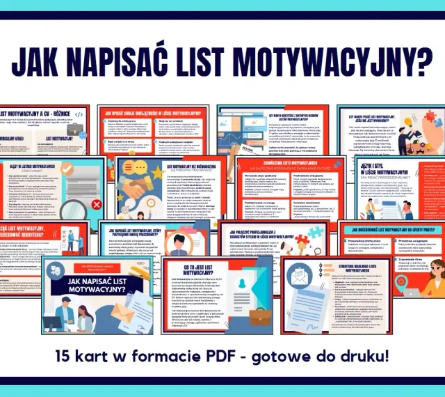 Zbiór 15 kart PDF o pisaniu listu motywacyjnego, idealny dla przyszłego bibliotekarza.