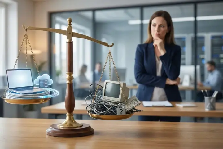 Waga szalkowa symbolizuje outsourcing: z jednej strony nowoczesny sprzęt i chmura, z drugiej stare urządzenia i znak zapytania. Kobieta rozważa wady i zalety.