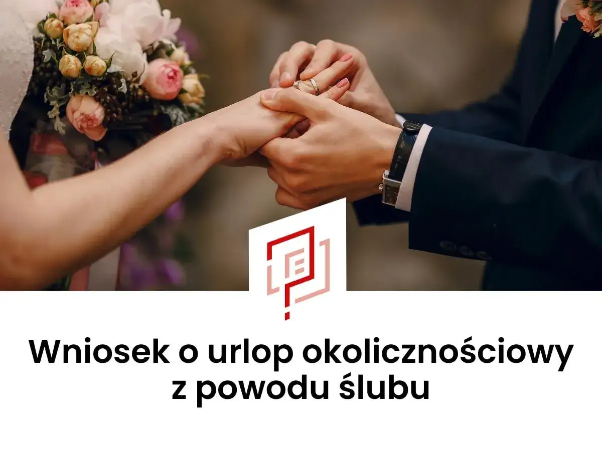 Wniosek o urlop okolicznościowy z powodu ślubu. Dłonie pary młodej, zakładanie obrączki.