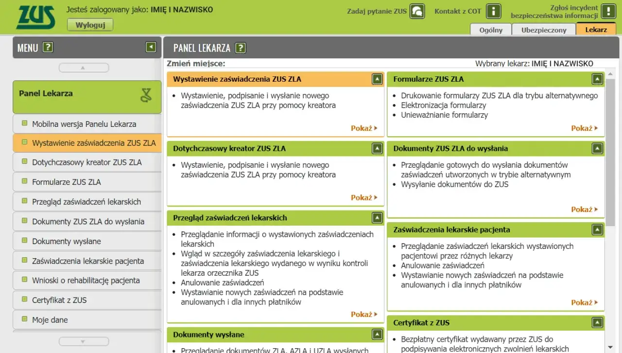 Panel lekarza ZUS: wystawianie zaświadczeń ZUS ZLA, formularze, przegląd i wysyłanie dokumentów. L4 co to? To zwolnienie lekarskie.