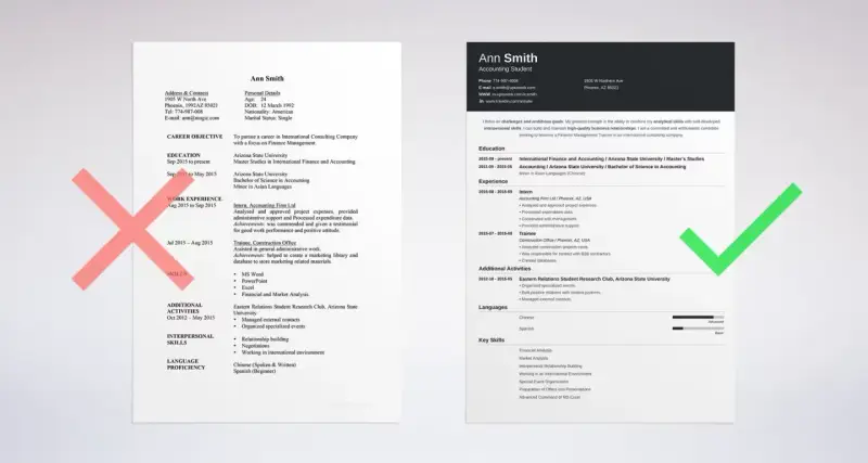 CV Ann Smith: dane osobowe, wykształcenie, doświadczenie zawodowe, umiejętności. Zielony znaczek potwierdza poprawność danych.
