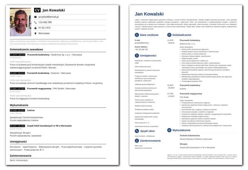 CV Jana Kowalskiego z doświadczeniem w budownictwie, podkreślające jego umiejętności i wykształcenie.
