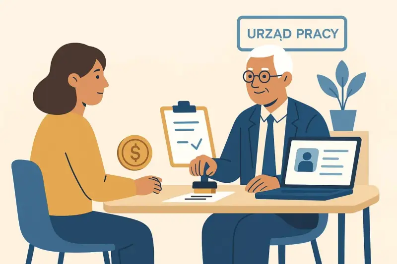 Urząd Pracy. Kobieta pyta, czy zasiłek dla bezrobotnych wlicza się do lat pracy. Mężczyzna stempluje dokument.