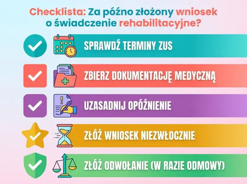 Checklista: Sprawdź terminy ZUS, zbierz dokumentację, uzasadnij opóźnienie, złóż wniosek. Czy świadczenie rehabilitacyjne wlicza się do stażu pracy? Złóż odwołanie w razie odmowy.