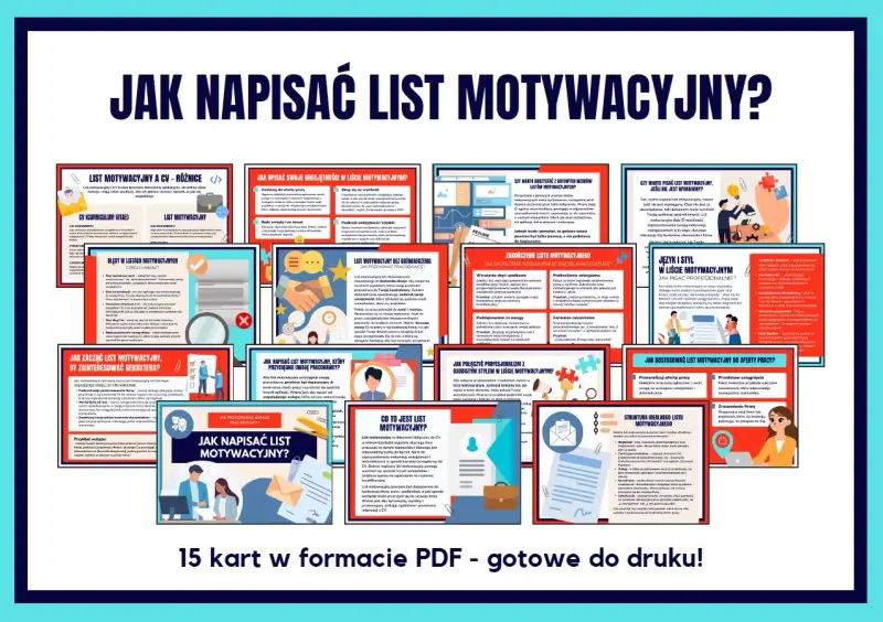 Zbiór 15 kart PDF o pisaniu listu motywacyjnego, idealny dla przyszłego bibliotekarza.
